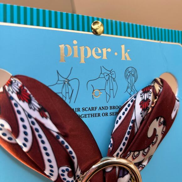 NWT Piper K Hair Scarf and Brooch Purse Scarf Brown Patterned Square 26 x 26 in - Picture 2 of 6